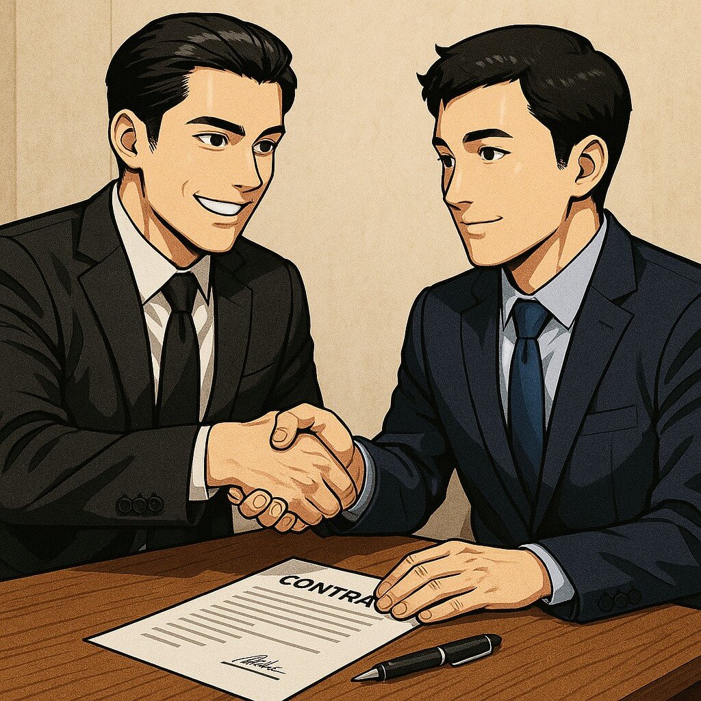 두 사람이 악수하며 차용증에 서명